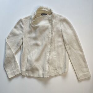 VINCE Frayed‎ Edge Scuba Jacket Womens Medium Ivory Asymmetrical Cotton Blend